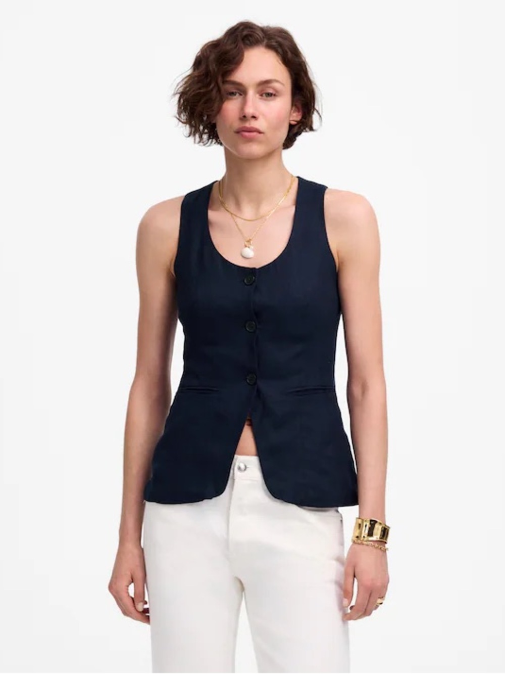 NWT $98 Madewell Linen Fully Lined Scoopneck Cutaway Vest Navy Blue Sz 6